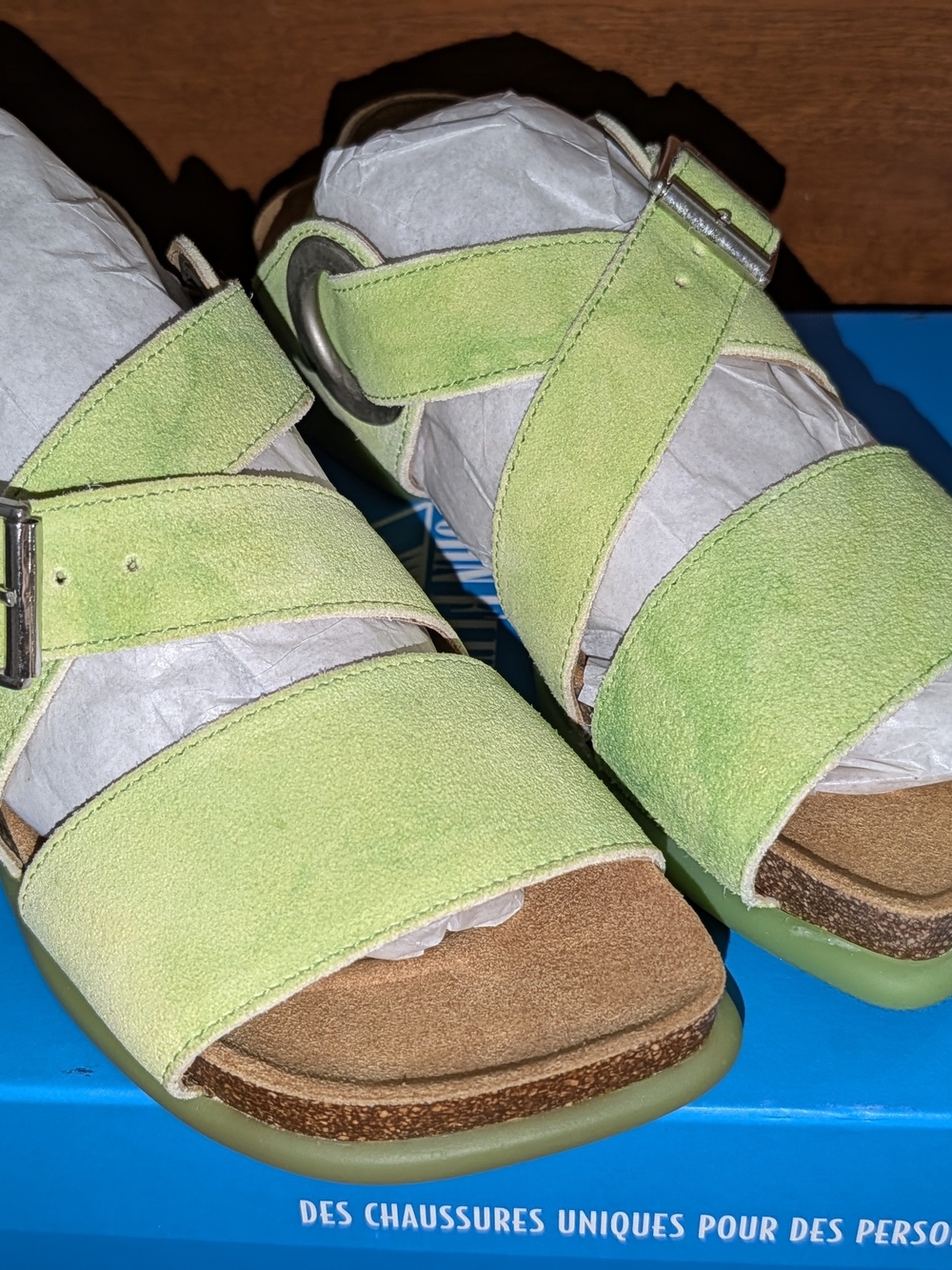 John Fluevog Peacemaker Earley Single Buckle Lime Green Suede Sandals, 6